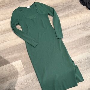 Forest Green Long Sleeve Ribbed Midi Dress with Square Neck